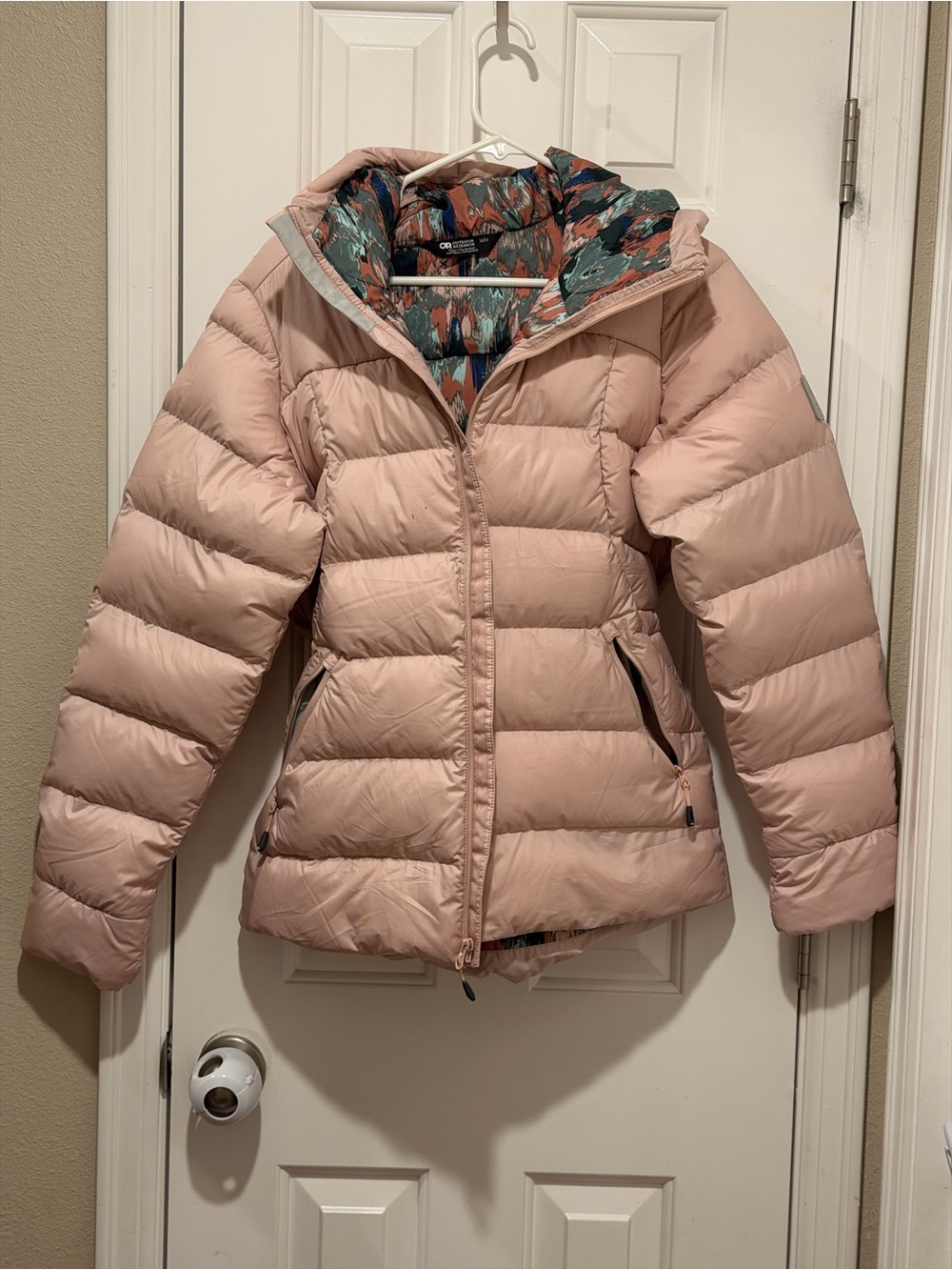 Outdoor Research Blush Pink Quilted Puffer Jacket with Patterned Lining